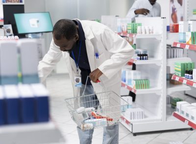 African American pharmacist organizing pharmacy shelves with medication, checking packaging and controlling stock levels to ensure order, cleanliness and efficiency in the pharmacy interior.