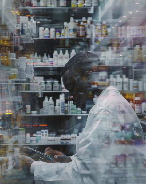Photo of a pharmacist at a busy urban pharmacy, taking inventory with a handheld scanner. The scene is shown from a medium shot, capturing the dynamic environment and the pharmacist’s efficient work. --chaos 13 --ar 3:4 --stylize 300 Job ID: 2567c2d5-34cc-42bf-ad1f-8470d894a111